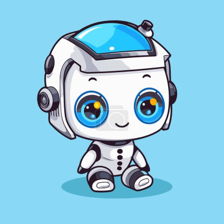Illustration for Cute cartoon robot with blue eyes. Vector illustration isolated on blue background. - Royalty Free Image