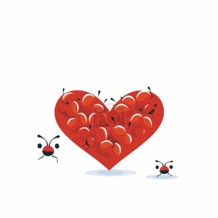 Ilustración de Lindo corazón rojo de dibujos animados con hormigas. Día de San Valentín vector ilustración. - Imagen libre de derechos