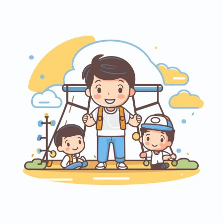 Téléchargez les illustrations : Illustration vectorielle d'une famille heureuse jouant sur l'aire de jeux. Design de style plat. - en licence libre de droit