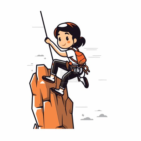 Illustration for Climber girl climbing on a cliff. Vector illustration in cartoon style. - Royalty Free Image