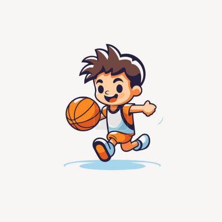 Illustration for Cute cartoon boy playing basketball. Vector illustration on white background. - Royalty Free Image