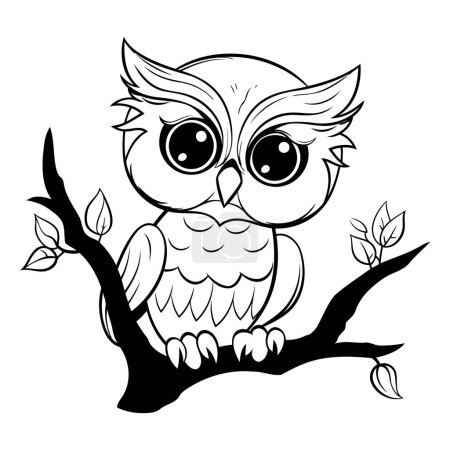 Ilustración de Búho sentado en una rama de árbol. Ilustración vectorial en blanco y negro. - Imagen libre de derechos