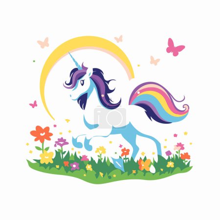 Ilustración de Unicornio en un prado con flores. Ilustración vectorial. - Imagen libre de derechos