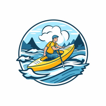 Illustration for Vector illustration of a man kayaking on a mountain river viewed from side set inside circle on isolated background done in retro style. - Royalty Free Image