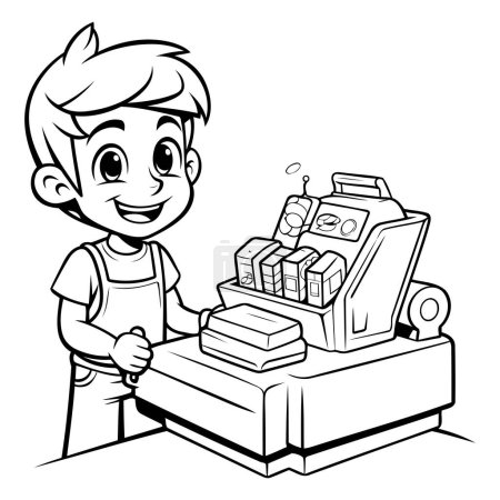 Illustration for Black and White Cartoon Illustration of a Kid Boy Holding a Cash Register - Royalty Free Image