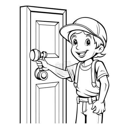 Illustration for Black and White Cartoon Illustration of Kid Boy Repairing Door at Home or Office - Royalty Free Image