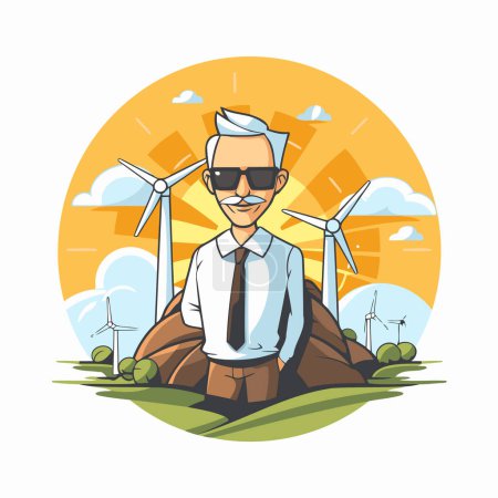 Téléchargez les illustrations : Homme d'affaires respectueux de l'environnement en face du moulin à vent. Illustration vectorielle. - en licence libre de droit