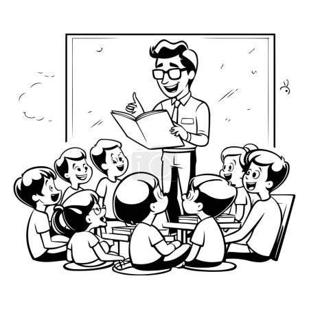 Illustration for Teacher and pupils in classroom. Black and white vector illustration. - Royalty Free Image