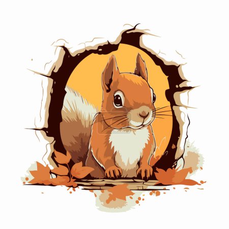 Téléchargez les illustrations : Écureuil dans un trou dans le mur avec des feuilles d'automne. Illustration vectorielle. - en licence libre de droit