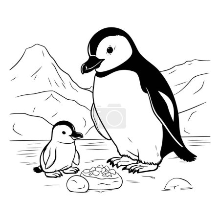Illustration for Cartoon penguin and chick. Black and white vector illustration. - Royalty Free Image