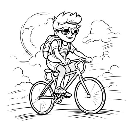 Téléchargez les illustrations : Garçon en vélo dans le parc. Illustration vectorielle pour livre à colorier - en licence libre de droit