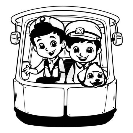 Téléchargez les illustrations : Des enfants conduisant une voiture avec un chien. illustration vectorielle noir et blanc - en licence libre de droit