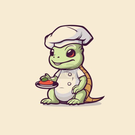 Téléchargez les illustrations : Chef crocodile mignon avec une assiette de nourriture. Illustration vectorielle. - en licence libre de droit