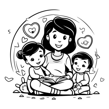 Téléchargez les illustrations : Mère et enfants lisant un livre. Illustration vectorielle noir et blanc. - en licence libre de droit