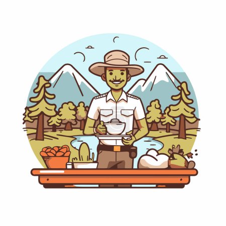 Téléchargez les illustrations : Illustration vectorielle d'un homme cuisinant dans la forêt. Style plat. - en licence libre de droit