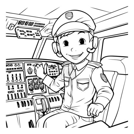 Téléchargez les illustrations : Illustration de bande dessinée en noir et blanc d'un petit garçon pilote mignon pilotant un avion - en licence libre de droit