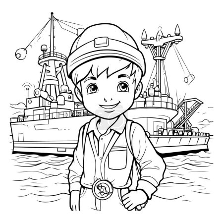 Ilustración de Ilustración de dibujos animados en blanco y negro de niño capitán o marinero personaje con barco de carga marina en el libro para colorear de fondo - Imagen libre de derechos
