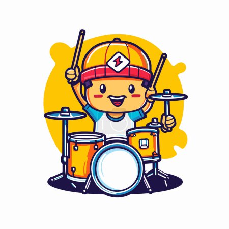 Ilustración de Cute Boy batería de dibujos animados mascota personaje Vector Ilustración - Imagen libre de derechos