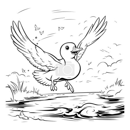 Illustration for Black and white illustration of a flying seagull on a lake. - Royalty Free Image