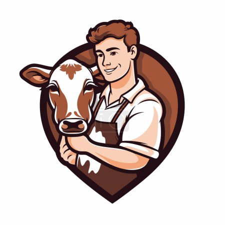 Téléchargez les illustrations : Illustration vectorielle d'un agriculteur tenant une vache en forme de bouclier - en licence libre de droit