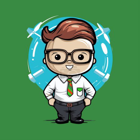 Téléchargez les illustrations : Homme d'affaires avec des lunettes et cravate. Illustration vectorielle de personnage de dessin animé sur fond vert. - en licence libre de droit