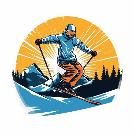 Téléchargez les illustrations : Snowboarder sautant dans les montagnes. Illustration vectorielle du sport d'hiver. - en licence libre de droit