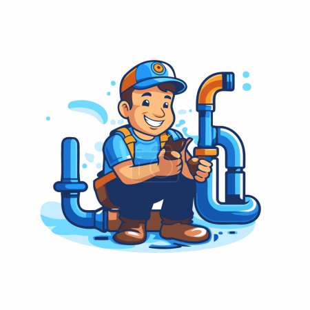 Illustration for Plumber with pipe and wrench. Vector illustration in cartoon style. - Royalty Free Image