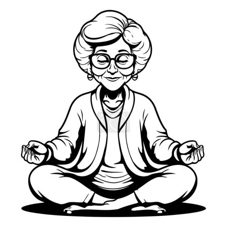 Ilustración de Mujer mayor meditando - Ilustración de dibujos animados en blanco y negro - Imagen libre de derechos