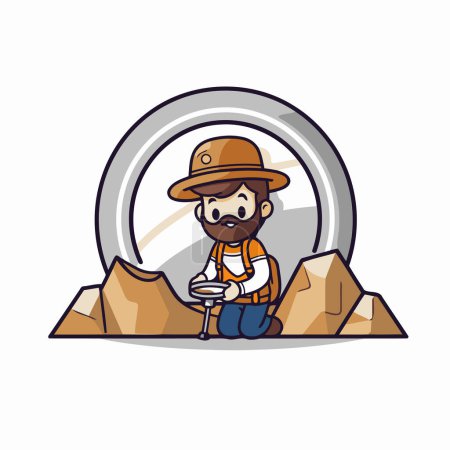 Trekking man with map and compass. Vector cartoon illustration.