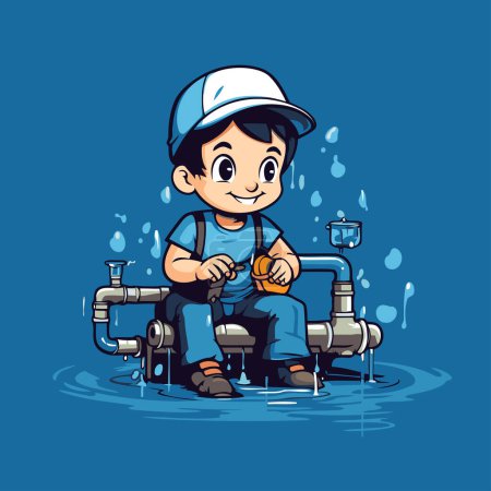 Téléchargez les illustrations : Illustration d'un plombier de petit garçon réparant un tuyau d'eau - en licence libre de droit