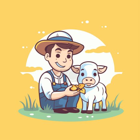 Téléchargez les illustrations : Fermier avec vache. Illustration vectorielle en style dessin animé sur fond jaune. - en licence libre de droit
