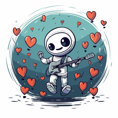 Téléchargez les illustrations : Mignon astronaute dessin animé avec une guitare et des cœurs. Illustration vectorielle. - en licence libre de droit
