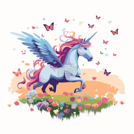 Téléchargez les illustrations : Licorne avec des ailes. fleurs et papillons. Illustration vectorielle. - en licence libre de droit