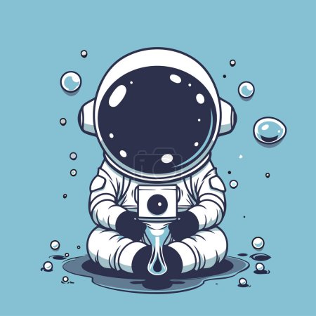 Illustration for Astronaut sitting in the water and drinking water. Vector illustration. - Royalty Free Image