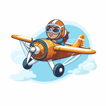 Téléchargez les illustrations : Pilote de bande dessinée avec avion dans le ciel. Illustration vectorielle - en licence libre de droit
