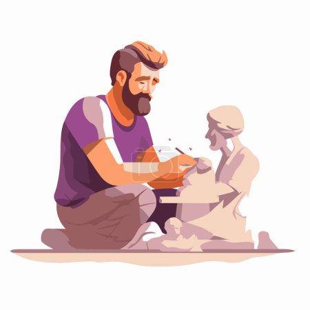 Illustration for Potter working with clay in his workshop. Flat vector illustration. - Royalty Free Image