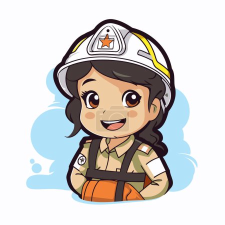 Téléchargez les illustrations : Petite fille mignonne avec uniforme de pompier Illustration de dessin animé vectoriel - en licence libre de droit