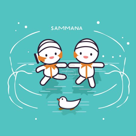 Ilustración de Cisne y niño nadando en la piscina. Diseño plano vector ilustración. - Imagen libre de derechos