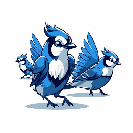 Ilustración de Pájaro jay azul de dibujos animados con una bandada de aves. Ilustración vectorial. - Imagen libre de derechos