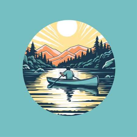 Illustration for Kayak on the lake in the mountains. Vector illustration in retro style. - Royalty Free Image