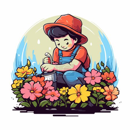 Ilustración de Ilustración de un niño regando flores en el jardín. Ilustración vectorial. - Imagen libre de derechos