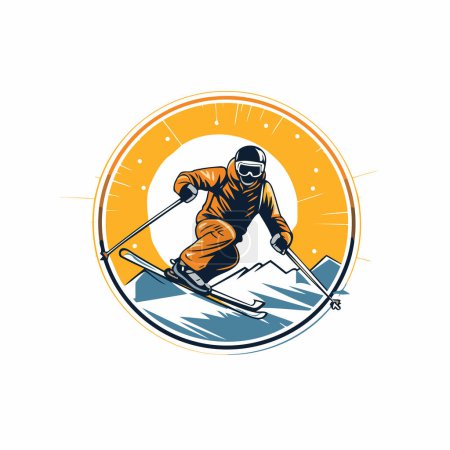 Téléchargez les illustrations : Logo ou icône du ski avec skieur sur la pente de montagne. - en licence libre de droit