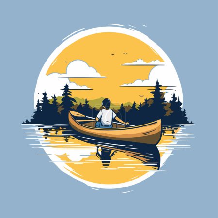 Téléchargez les illustrations : Un homme ramant un bateau dans le lac. Illustration vectorielle dans un style rétro. - en licence libre de droit