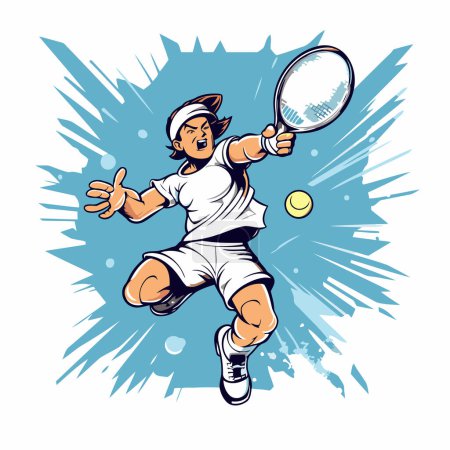 Ilustración de Jugador de tenis con raqueta y pelota. Ilustración vectorial en estilo retro - Imagen libre de derechos