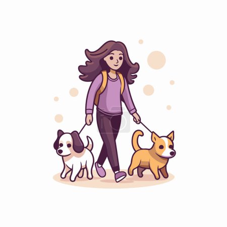 Illustration for Young woman walking with her dogs. Vector illustration in cartoon style. - Royalty Free Image
