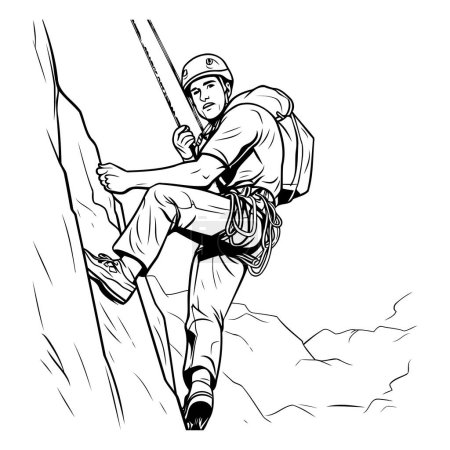 Téléchargez les illustrations : Illustration d'un jeune homme montant sur une falaise avec une corde - en licence libre de droit