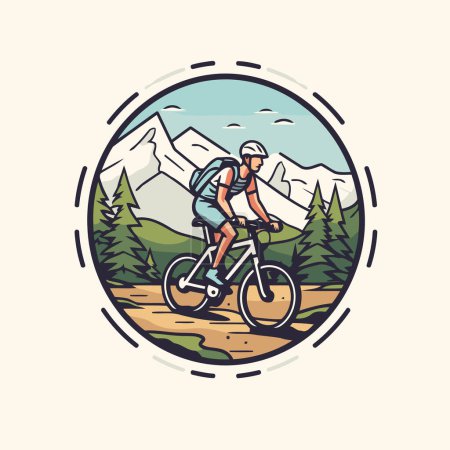 Ilustración de Ciclista de montaña montando en las montañas. Ilustración vectorial en estilo retro - Imagen libre de derechos