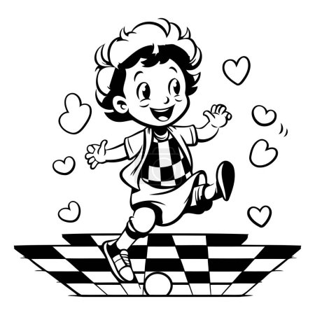 Illustration for Illustration of a Kid Boy Playing Soccer with Checkered Background - Royalty Free Image