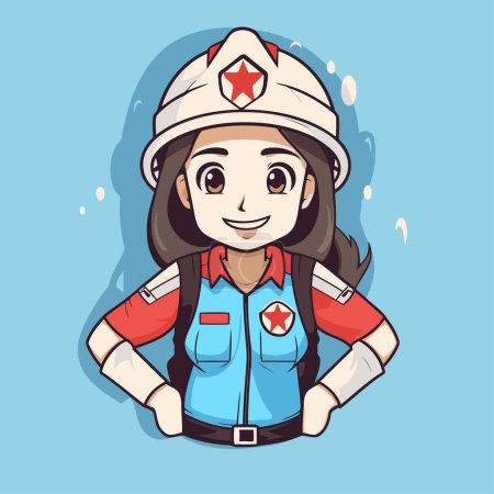 Illustration for Cute cartoon firefighter girl character in uniform with helmet. Vector illustration. - Royalty Free Image