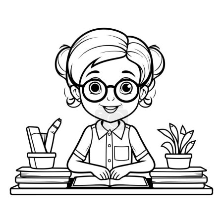 Téléchargez les illustrations : Mignonne professeur fille avec des livres et plante dans le bureau vectoriel illustration design - en licence libre de droit